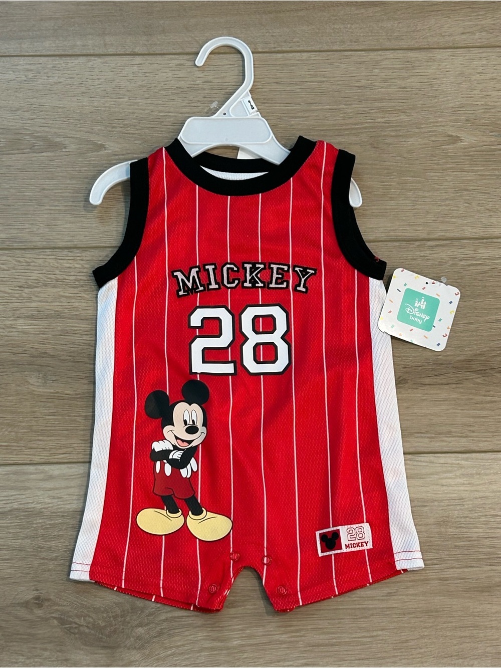 NWT Disney Mickey Mouse Romper Baby Jersey 28 Red Pinstripe Onesie Sz 3-6 months